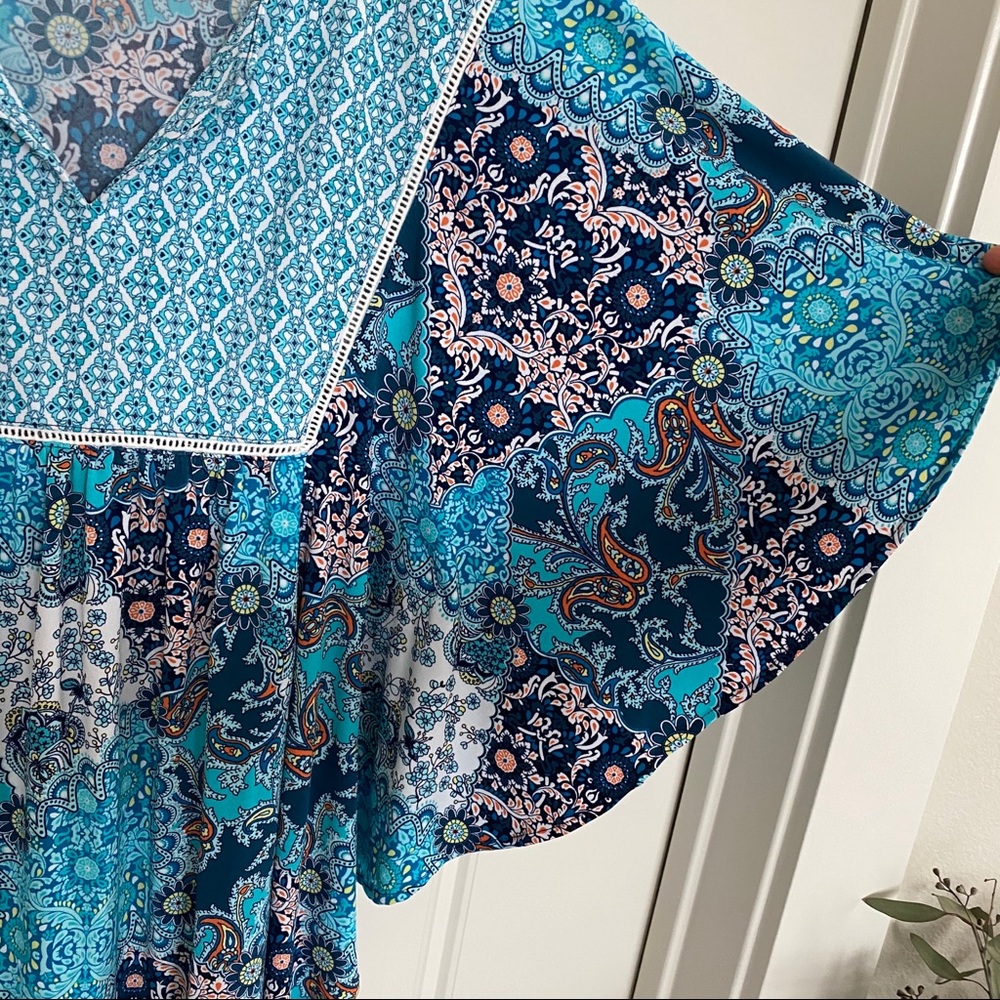 Cato Floral Blue Paisley Print Overlay Top MED - Picture 3 of 4
